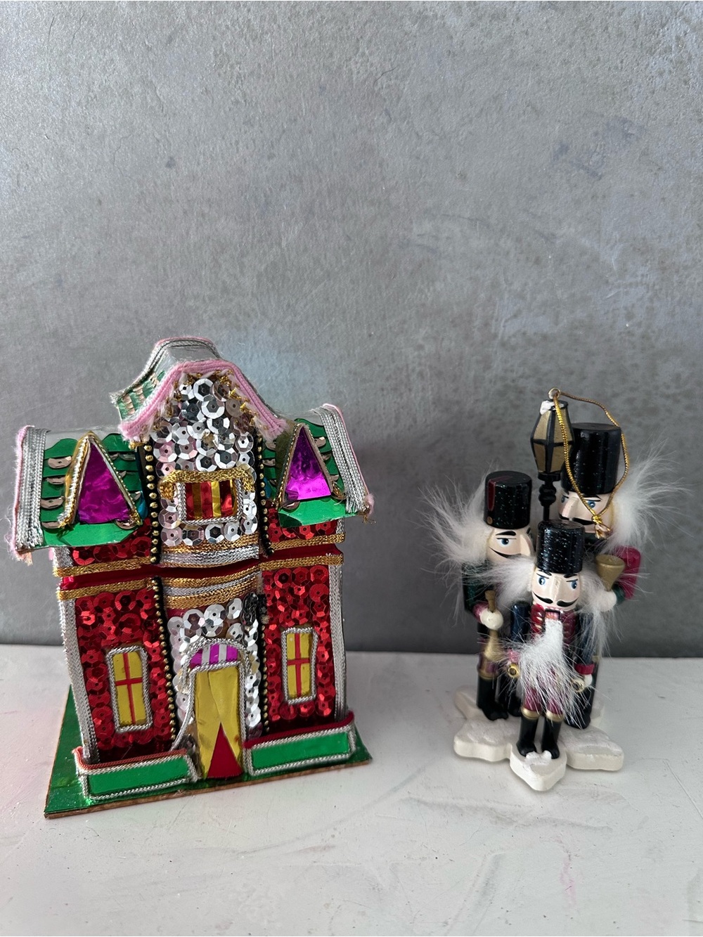 2 Vintage The Bombay Co Christmas Putz Sequin House Box NUTCRACKER ORNAMENT
